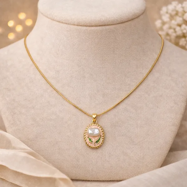 Gold_Pearl_Enamel_Floral_Oval_Pendant_Necklace_For_Women