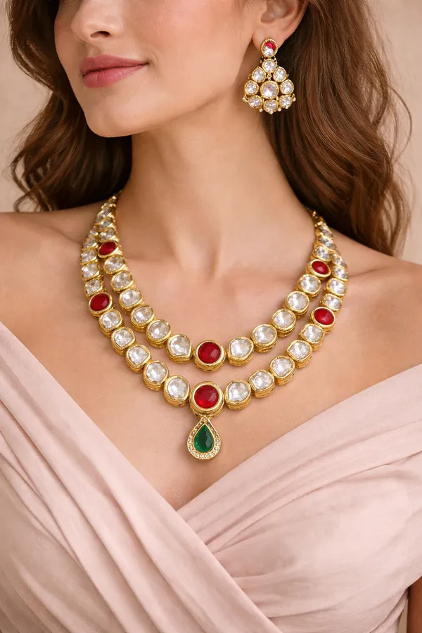 Gold_Polki_Ruby_Emerald_Layered_Necklace_Set_For_Women