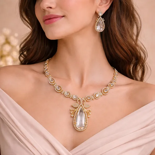 Gold_Moissanite_Crystal_Teardrop_Necklace_Set_For_Women