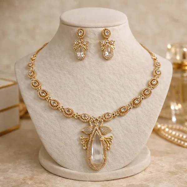 Gold_Moissanite_Crystal_Teardrop_Necklace_Set_For_Women