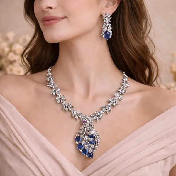 Silver_Sapphire_Crystal_Teardrop_Necklace_Set_For_Women