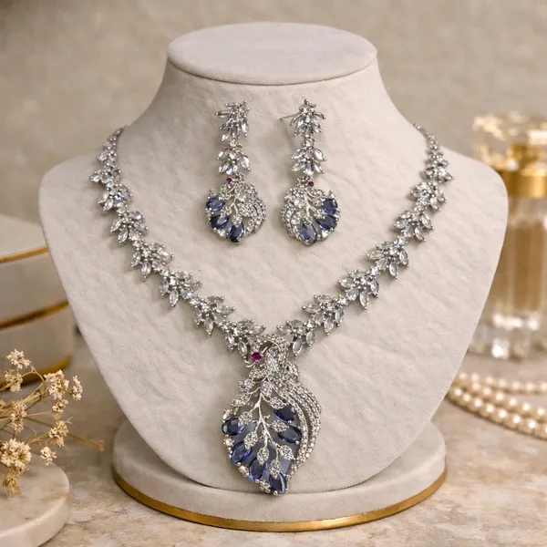 Silver_Sapphire_Crystal_Teardrop_Necklace_Set_For_Women
