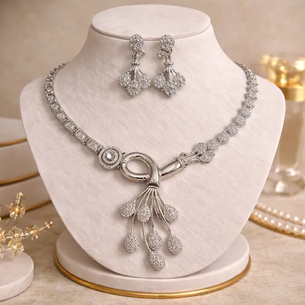 Silver_Crystal_Cascade_Teardrop_Necklace_Set_For_Women