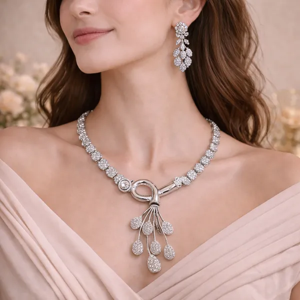 Silver_Crystal_Cascade_Teardrop_Necklace_Set_For_Women