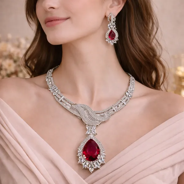 Silver_Crystal_Ruby_Teardrop_Pendant_Necklace_Set_For_Women