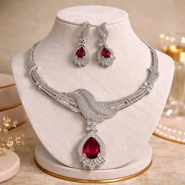 Silver_Crystal_Ruby_Teardrop_Pendant_Necklace_Set_For_Women