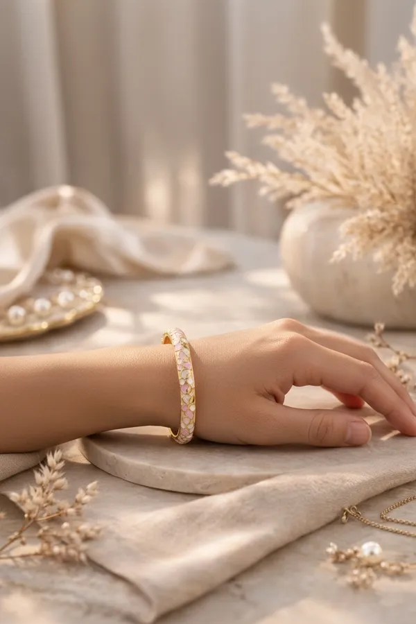 Gold_Enamel_Crystal_Pink_Blossom_Floral_Kada_Bracelet_For_Women