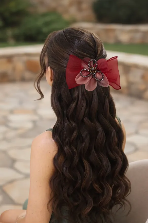 Red_Organza_Crystal_Floral_Bow_Hair_Clip_For_Women