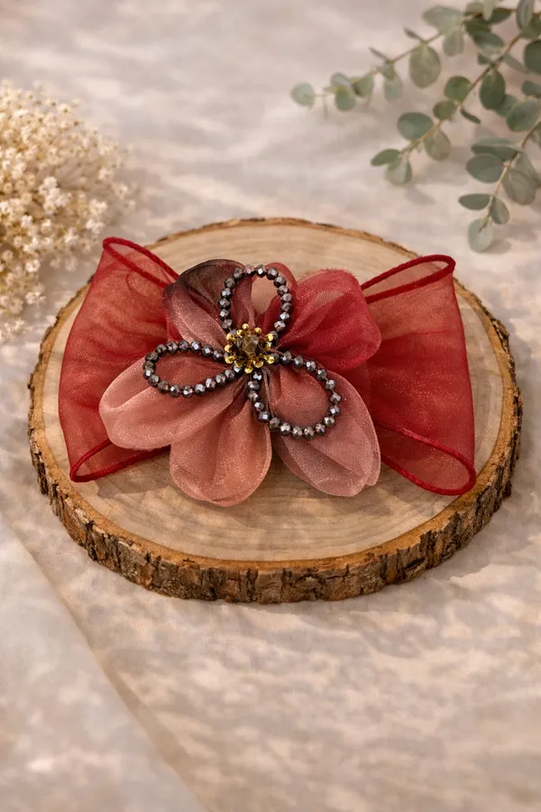 Red_Organza_Crystal_Floral_Bow_Hair_Clip_For_Women