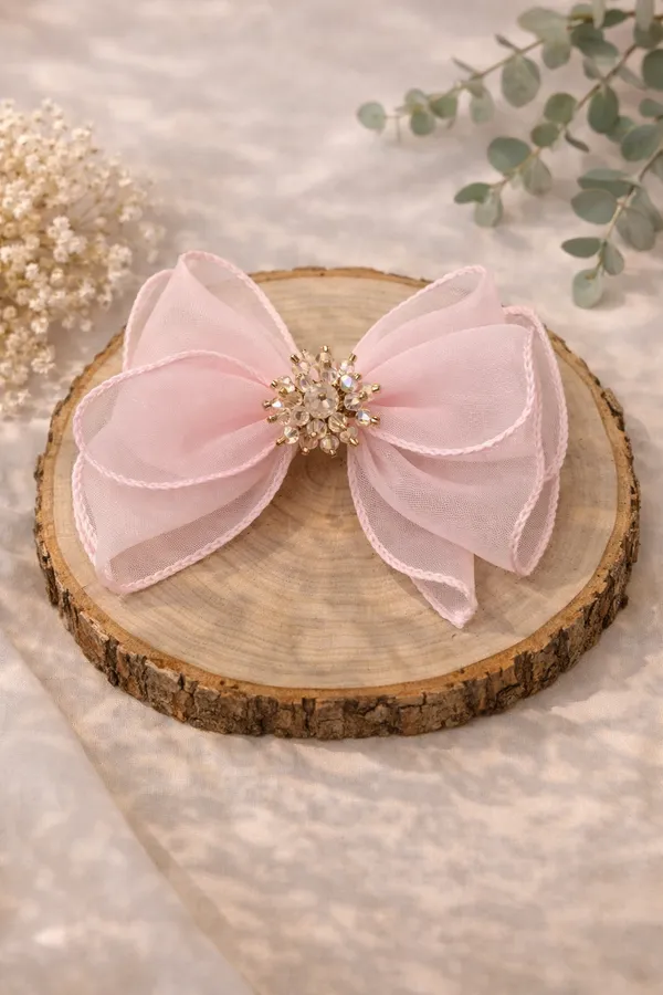 Pink_Crystal_Organza_Bow_Floral_Alligator_Hair_Clip_For_Women
