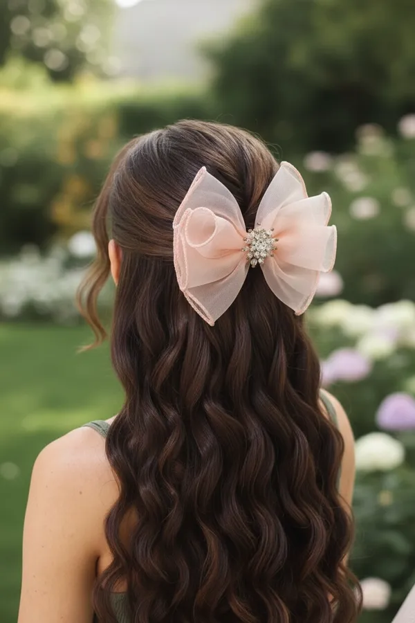 Pink_Crystal_Organza_Bow_Floral_Alligator_Hair_Clip_For_Women