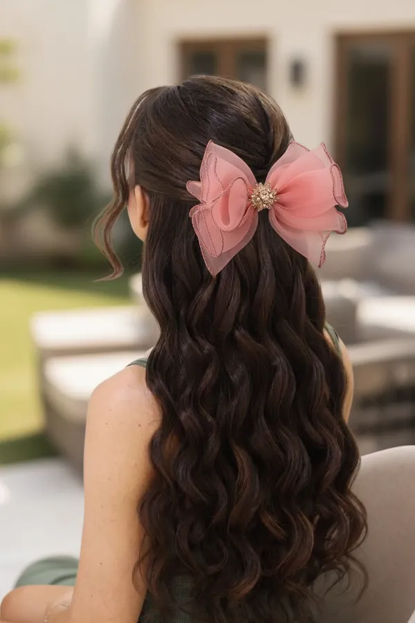 Pink_Organza_Crystal_Floral_Bow_Hair_Clip_For_Women