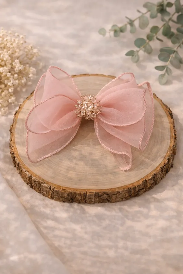 Pink_Organza_Crystal_Floral_Bow_Hair_Clip_For_Women