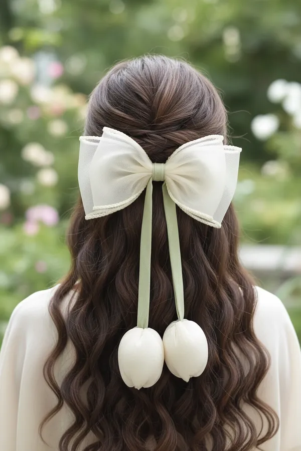 Ivory_Organza_Tulip_Bow_Hair_Clip_For_Women