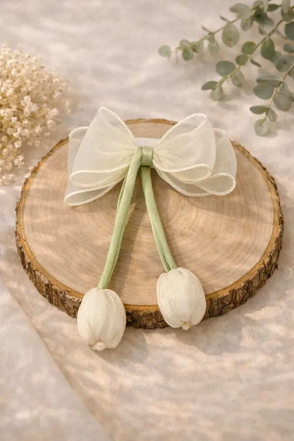 Ivory_Organza_Tulip_Bow_Hair_Clip_For_Women