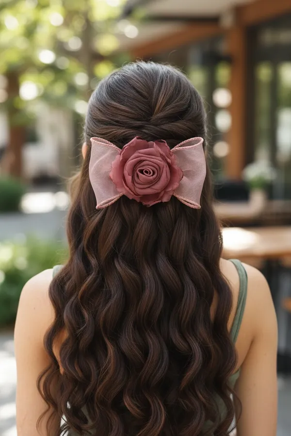 Brown_Organza_Rose_Bow_Hair_Clip_For_Women