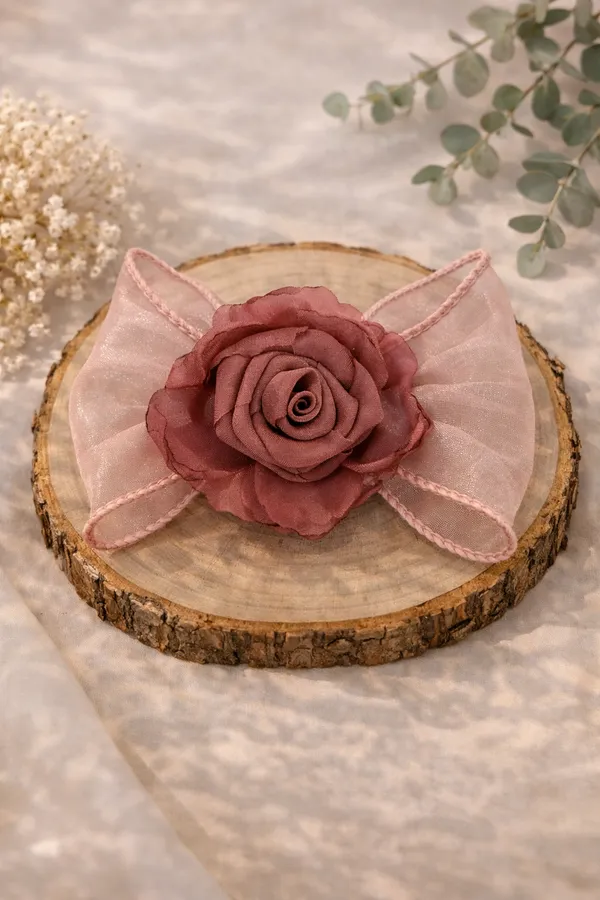 Brown_Organza_Rose_Bow_Hair_Clip_For_Women