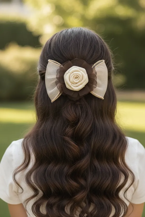 Ivory_Organza_Rose_Bow_Hair_Clip_For_Women