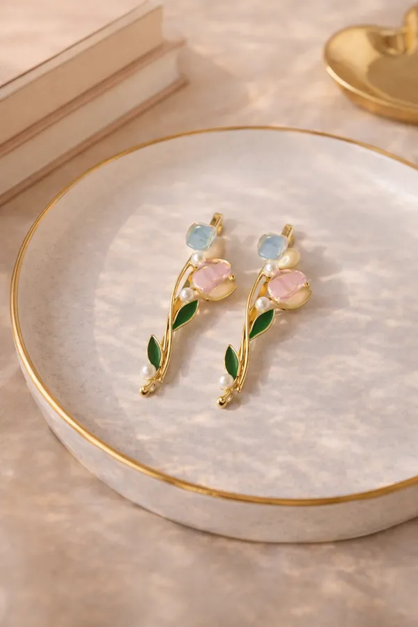 Gold_Pearl_Enamel_Tulip_Vine_Side_Hair_Pin_For_Women