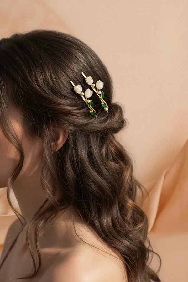 Gold_Pearl_Enamel_Tulip_Vine_Side_Hair_Pin_For_Women