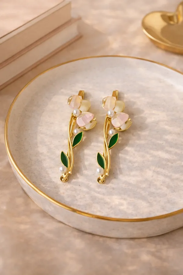 Gold_Pearl_Enamel_Tulip_Vine_Side_Hair_Pin_For_Women