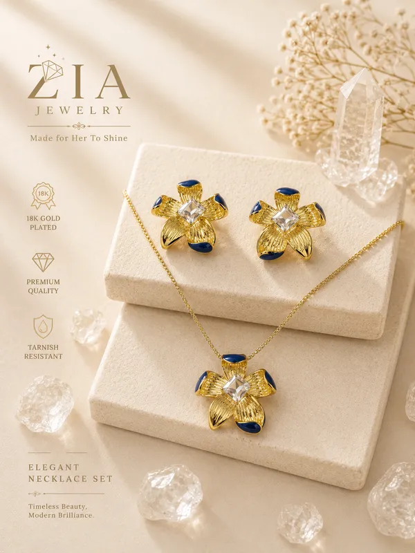 Gold_18K_Plated_Blue_Enamel_Cz_Floral_Necklace_Set_For_Women