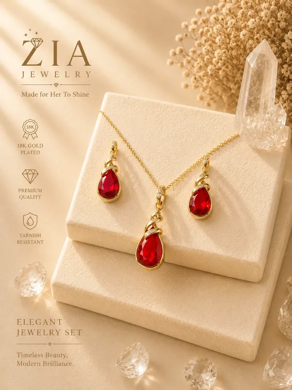 Gold_18K_Plated_Ruby_Red_Teardrop_Pendant_Necklace_Set_For_Women