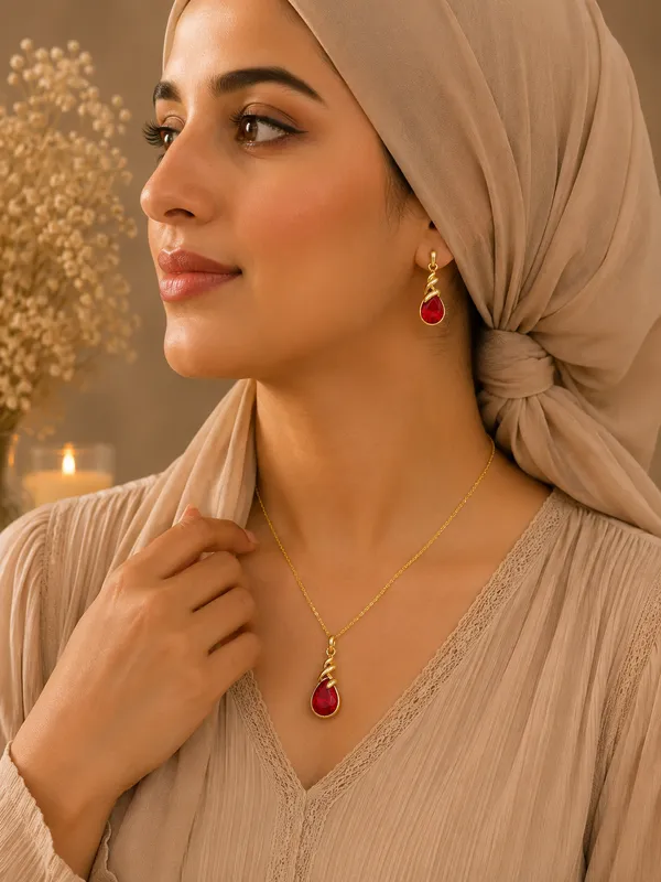Gold_18K_Plated_Ruby_Red_Teardrop_Pendant_Necklace_Set_For_Women