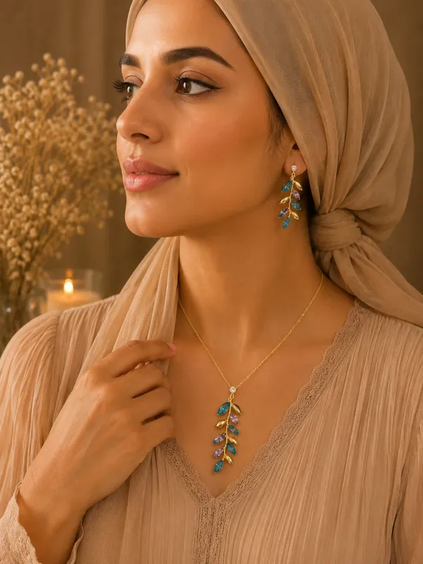 Gold_18K_Plated_Blue_Lavender_Crystal_Leaf_Necklace_Set_For_Women