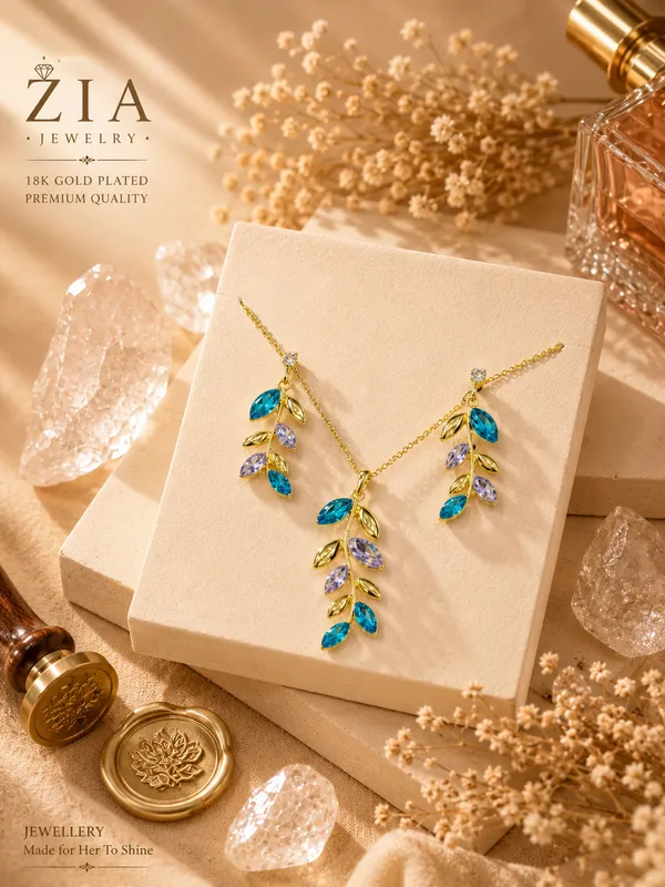 Gold_18K_Plated_Blue_Lavender_Crystal_Leaf_Necklace_Set_For_Women