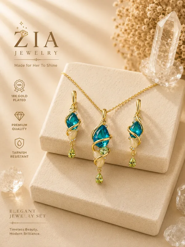 Gold_18K_Plated_Crystal_Leaf_Anti-Tarnish_Necklace_Set_For_Women