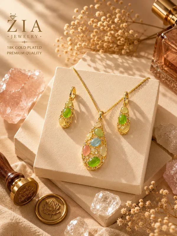 Gold_18K_Plated_Teardrop_Pastel_Crystal_Necklace_Set_For_Women