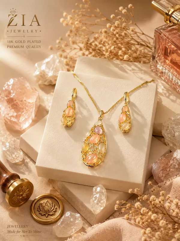 Gold_18K_Plated_Blush_Pink_Pearl_Teardrop_Necklace_Set_For_Women