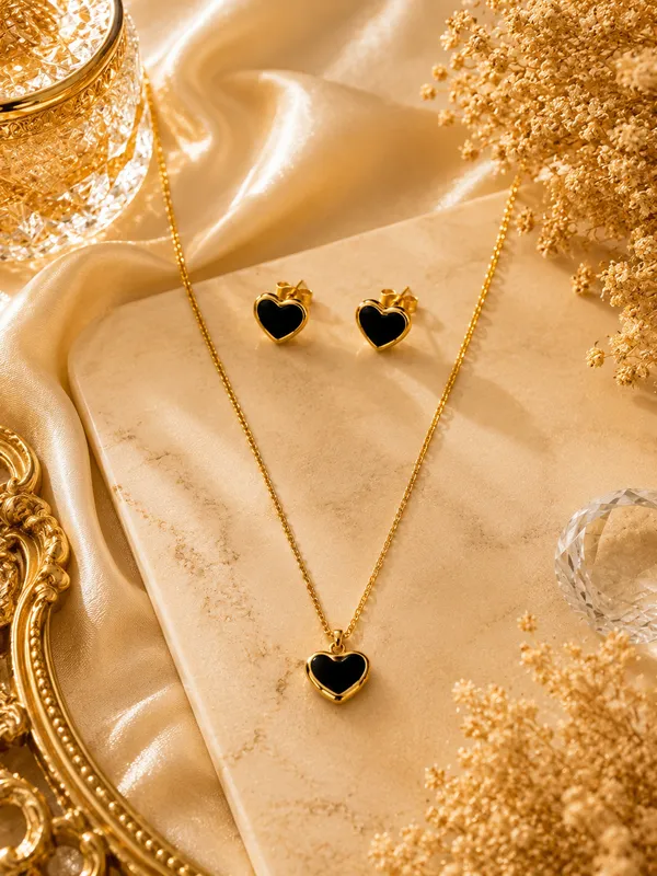 Black_Anti-Tarnish_Heart_Pendant_Necklace_Set_For_Women
