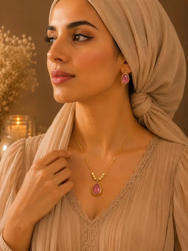 Pink_Anti-Tarnish_Teardrop_Pendant_Necklace_Set_For_Women