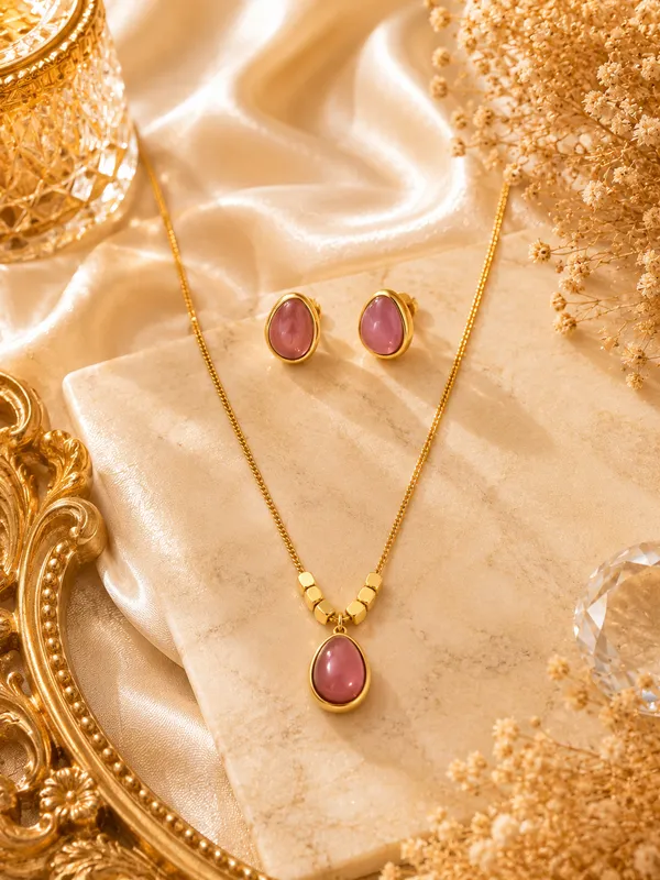 Pink_Anti-Tarnish_Teardrop_Pendant_Necklace_Set_For_Women