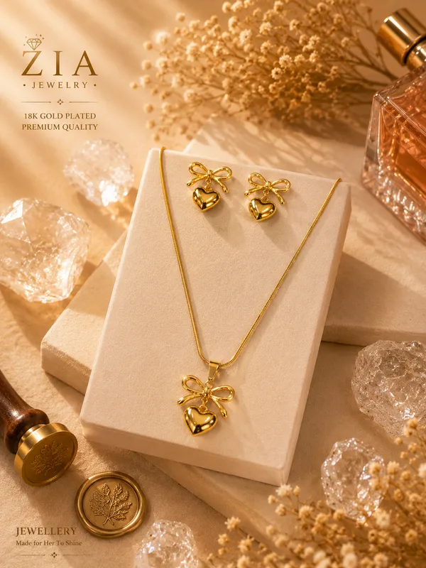 Gold_Anti-Tarnish_Bow_Heart_Pendant_Necklace_Set_For_Women
