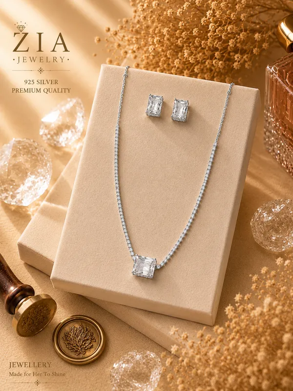 Silver_Plated_Anti-Tarnish_Cz_Square_Pendant_Necklace_Set_For_Women