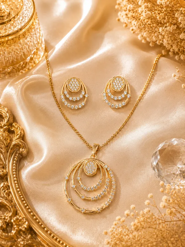 Gold_American_Diamond_Cz_Round_Pendant_Necklace_Set_For_Women
