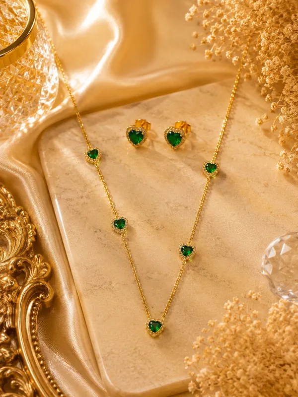 Gold_18K_Plated_Emerald_Heart_Y-Necklace_Set_For_Women