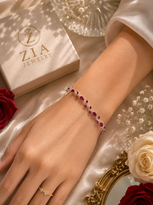 Silver_Anti-Tarnish_Red_Cz_Tulip_Vine_Floral_Bracelet_For_Women