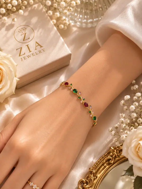 Red_Anti-Tarnish_Multi_Cz_Tulip_Vine_Floral_Bracelet_For_Women