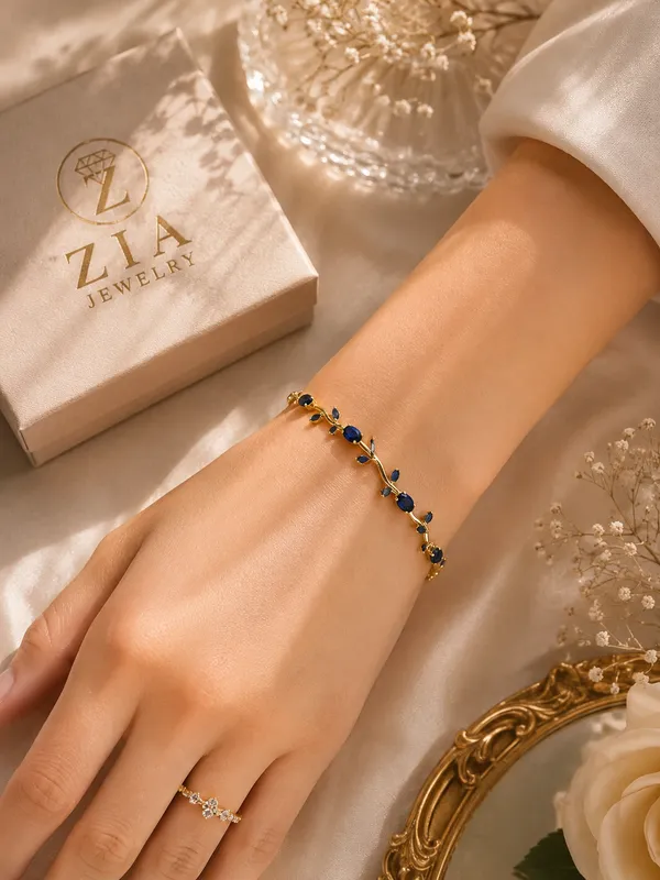 Gold_Anti-Tarnish_Blue_Cz_Tulip_Vine_Floral_Bracelet_For_Women