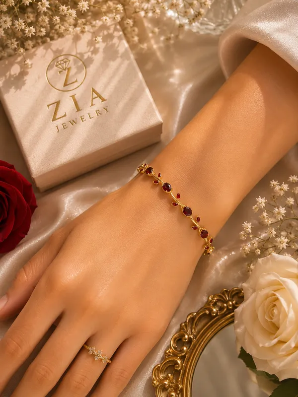 Gold_Anti-Tarnish_Red_Cz_Tulip_Vine_Floral_Bracelet_For_Women