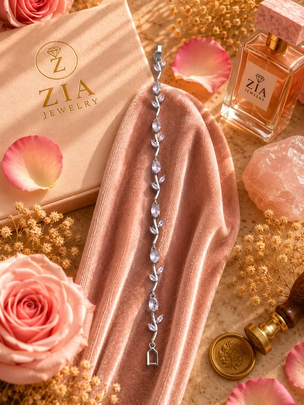 Silver_Anti-Tarnish_Pink_Cz_Tulip_Vine_Floral_Bracelet_For_Women