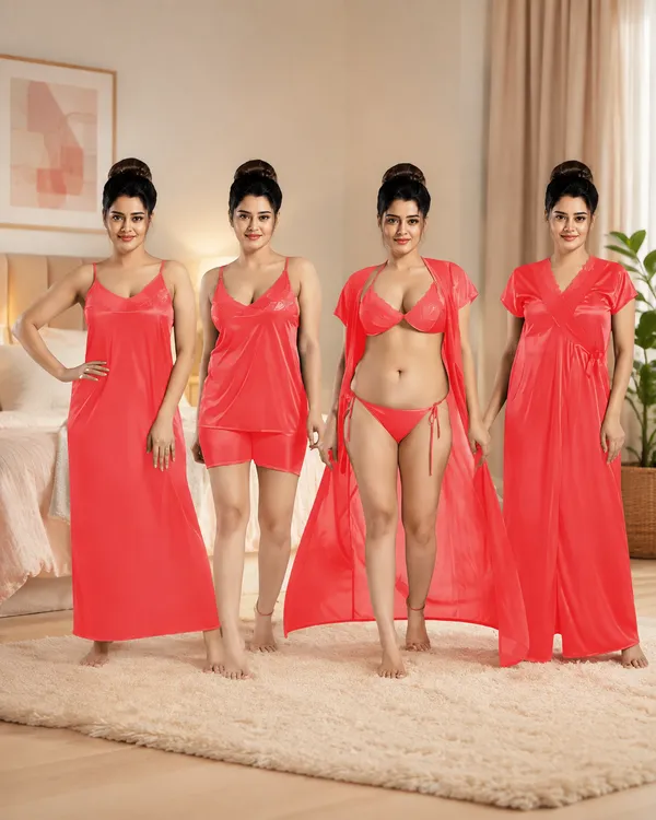 Coral_Satin_Four_Piece_Nightwear_Set_for_Women