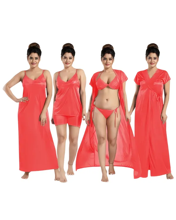 Coral_Satin_Four_Piece_Nightwear_Set_for_Women