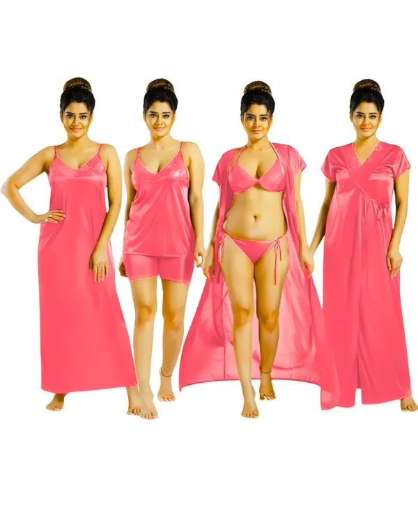 Pink_Satin_Four-Piece_Nightwear_Set_For_Women