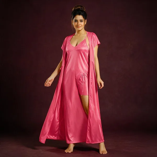 Pink_Satin_Four-Piece_Nightwear_Set_For_Women