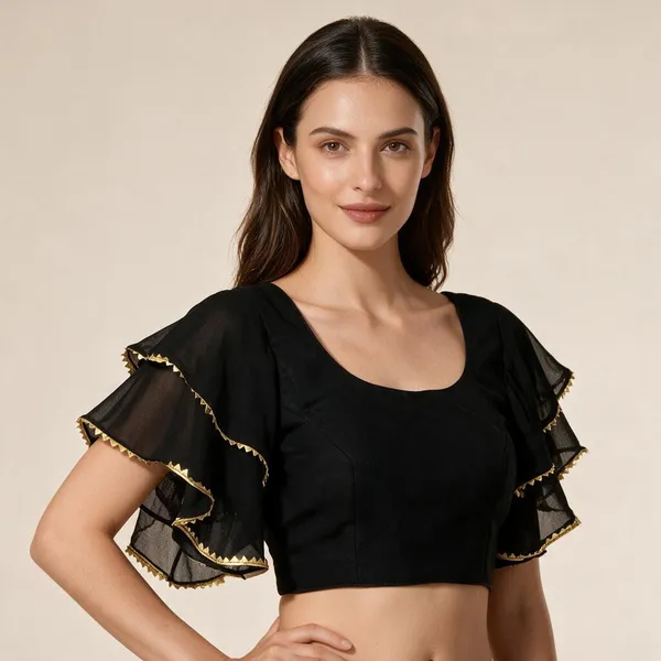 Black_Georgette_Short_Sleeve_Round_Neck_Blouse_For_Women